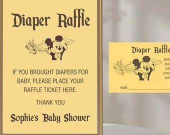 Letrero y tarjeta vintage para rifa de pañales de Mickey Mouse, letrero personalizable para baby shower (descarga digital)