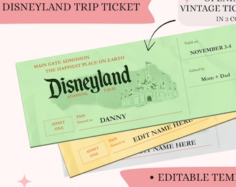 Vintage Disneyland Ticket Trip Reveal: Digital Template for Custom Disney Vacation Ticket, Disney Personalized Ticket, Mickey Mouse Vacation