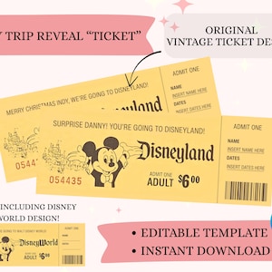 Vintage Editable Disneyland & Disney World Park Ticket Reveal, Downloadable Disney Template, Theme Park Personalized Ticket for Vacation