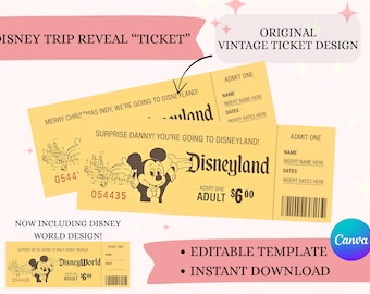 Vintage Editable Disneyland & Disney World Park Ticket Reveal, Downloadable Disney Template, Theme Park Personalized Ticket for Vacation