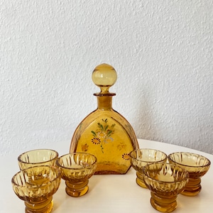 Vintage Amber Brown Color German Set of 6 Glass Glasses & Carafe -1950’s