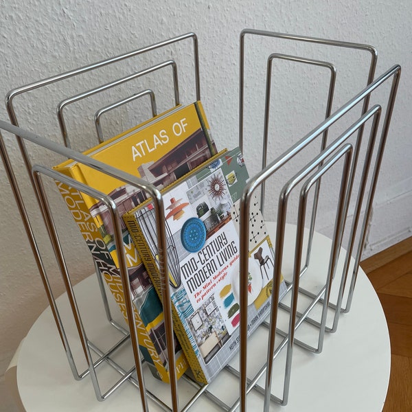 Vintage Willi Glaeser for TMP Rectangular Chrome Wire Magazine Rack Modernist 1980s