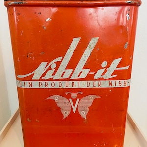 Vintage German Nibb-It Tin Can: Westerop & Co, Orange Industrial Decor