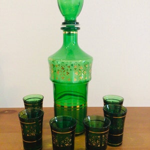 Vintage Green Emerald Color German Set of 6 Glass Shot Glass & Carafe 1950’s