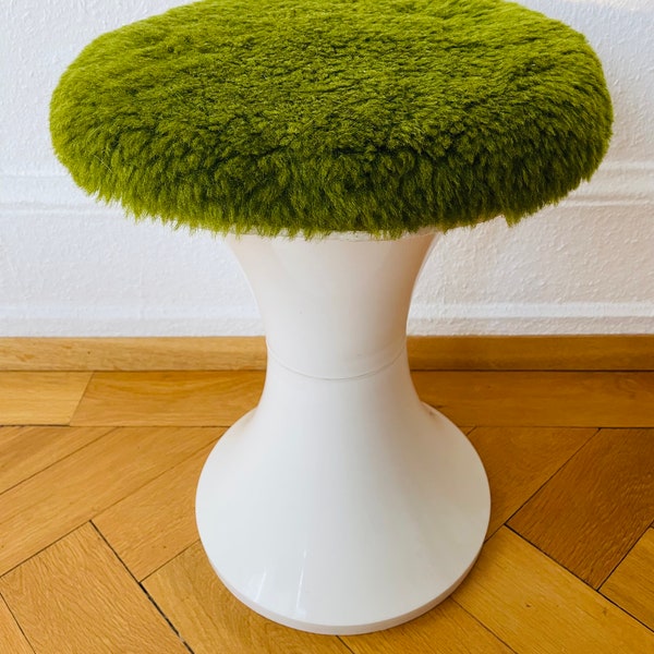 Vintage Original Space Age Design White Stool with Green Cover designed by Henry Massonnet in France - 1970s