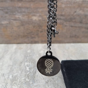 Men&#39;s Upside Down Pineapple Necklace: Laser Charm on Black Chain