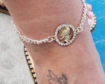 Pineapple Charm Anklet: Rhinestone Alloy, Gold Jewelry Bag