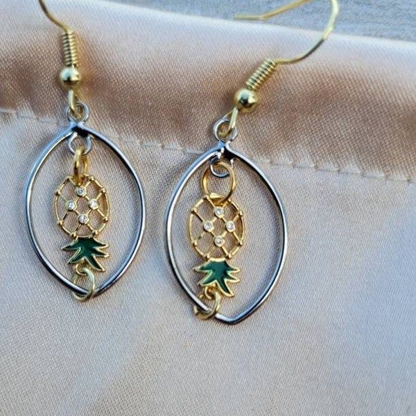 Upside down pineapple earrings that dangle and drop with mixed metals / Swinger lifestyle earrings / Small and Dainty Earrings