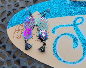 Holographic Pineapple Tassel Earrings: Alternative Swinger Jewelry