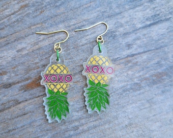 Upside Down Pineapple Earrings, Swinger Pineapple Earrings, Swinger Love XOXO Earrings, Pineapple Swinger Earrings, Alternative Lifestyle