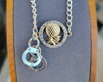 Pineapple Charm Anklet: Rhinestone Ring & Handcuff Detail