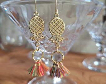 Upside Down Pineapple Earrings with Rainbow Tassels, Swinger Lifestyle Earrings