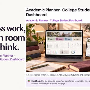 May include: An Academic Planner College Student Dashboard displayed on a laptop and smartphone screen. The interface features charts, tables, and study modules. Text reads: Class work, with room to think. Academic Planner College Student Dashboard.