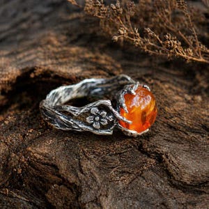 Orange Stone Ring, Amber Silver Ring, Gemstone-Set Ring, Branch Twig Ring, Silver Ring-Nature, Rustic Silver Ring Gift For Her