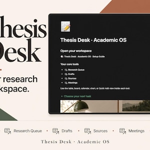 以下が含まれることがあります： 画面に表示されたThesis Desk Academic OSというタイトルのデジタルインターフェース。Research Queue、Drafts、Sources、Meetingsのセクションを備えた研究ワークスペースのレイアウトで、黒い背景に白いテキストが配置されています。
