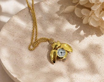 Ladybug Watch Necklace Vintage Jewelry, 18K Gold Plated Dainty Necklace, Timeless Jewelry Gift, Christmas Gift for Her