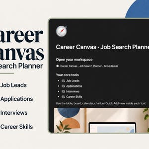 May include: A digital job search planner titled Career Canvas featuring a dark interface with a compass icon. The layout includes sections for Job Leads, Applications, Interviews, and Career Skills, with a setup guide and workspace tools.