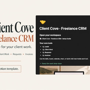 Könnte beinhalten: Eine digitale Notion-Vorlage mit dem Titel Client Cove Freelance CRM. Die Benutzeroberfläche zeigt einen Arbeitsbereich mit Abschnitten für Leads, Client Work, Requests und Invoices. Ein Handschlag-Emoji ist oben zu sehen, mit dem Text A place for your client work.