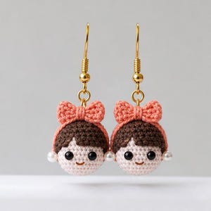 Micro Crochet Girl Earrings Pattern PDF, Tiny Doll Jewelry with Pearl Beads and Bow, Amigurumi Earring Digital Download