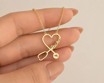 14K Gold Personalized Stethoscope Name Necklace, Nurse Gift, Doctor Gift, Medical Graduation Gift | Gold Name Necklace | Gold Nurse Necklace