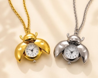 Marienkäfer Uhr Halskette, Käfer Anhänger Uhr, Gold Silber Bug Schmuck, Öffnen Flügel Uhr Halskette, Vintage Insekt Charme Geschenk für Sie