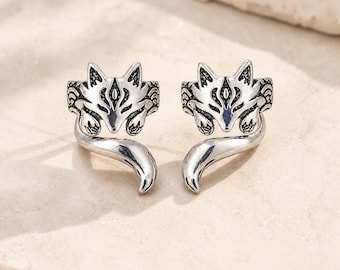Silver Fox Earrings, Kitsune Fox Ear Cuffs, Animal Wrap Earrings, Silver Tone Fox Jewelry, Woodland Fantasy Gift for Her, Animal Lover