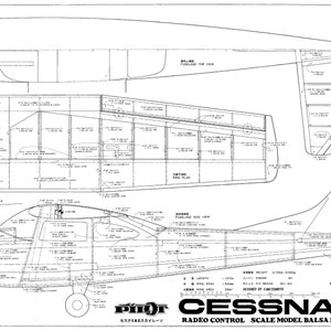 May include: A black and white line drawing of a Cessna 182 Skylane airplane model kit. The drawing shows the top, side, and bottom views of the plane, with detailed instructions for building the model. The text "PILOT CESSNA 182" and "RADEO CONTROL SCALE MODEL BALSA KIT" is included in the image.