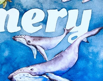 Ocean-themed custom name art for children. Dolphin, whale & turtles swim by the child&#39;s name. Unique art gift for baby or kid&#39;s bedroom.