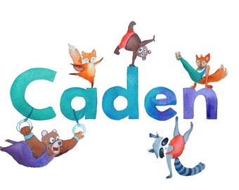 Gymnastics-themed custom name art for children. Acrobat animals in an illustration.  Unique art gift for baby or kid&#39;s bedroom.