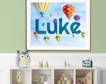 Hot air balloon  custom name art for children. Colorful balloons float by the child&#39;s name. Unique art gift for baby or kid&#39;s bedroom.