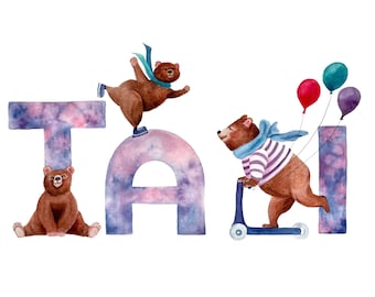 Bear-themed custom name art for children. Cute bears dancing with balloons & on bike.  Unique art gift for baby or kid&#39;s bedroom.