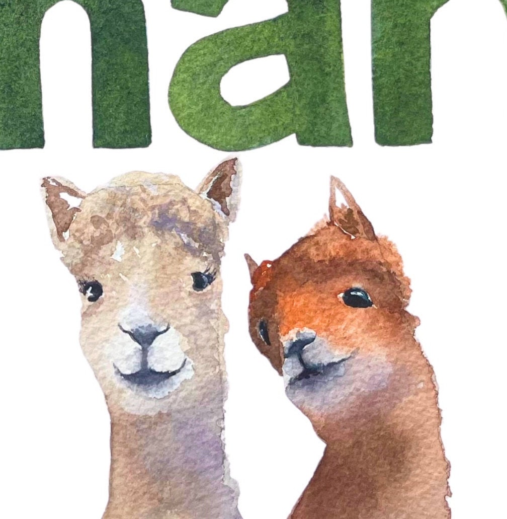 Llama-themed custom name art for children. Foxes, alpaca & armadillos with kid name.  Unique art gift for baby or kid's bedroom.
