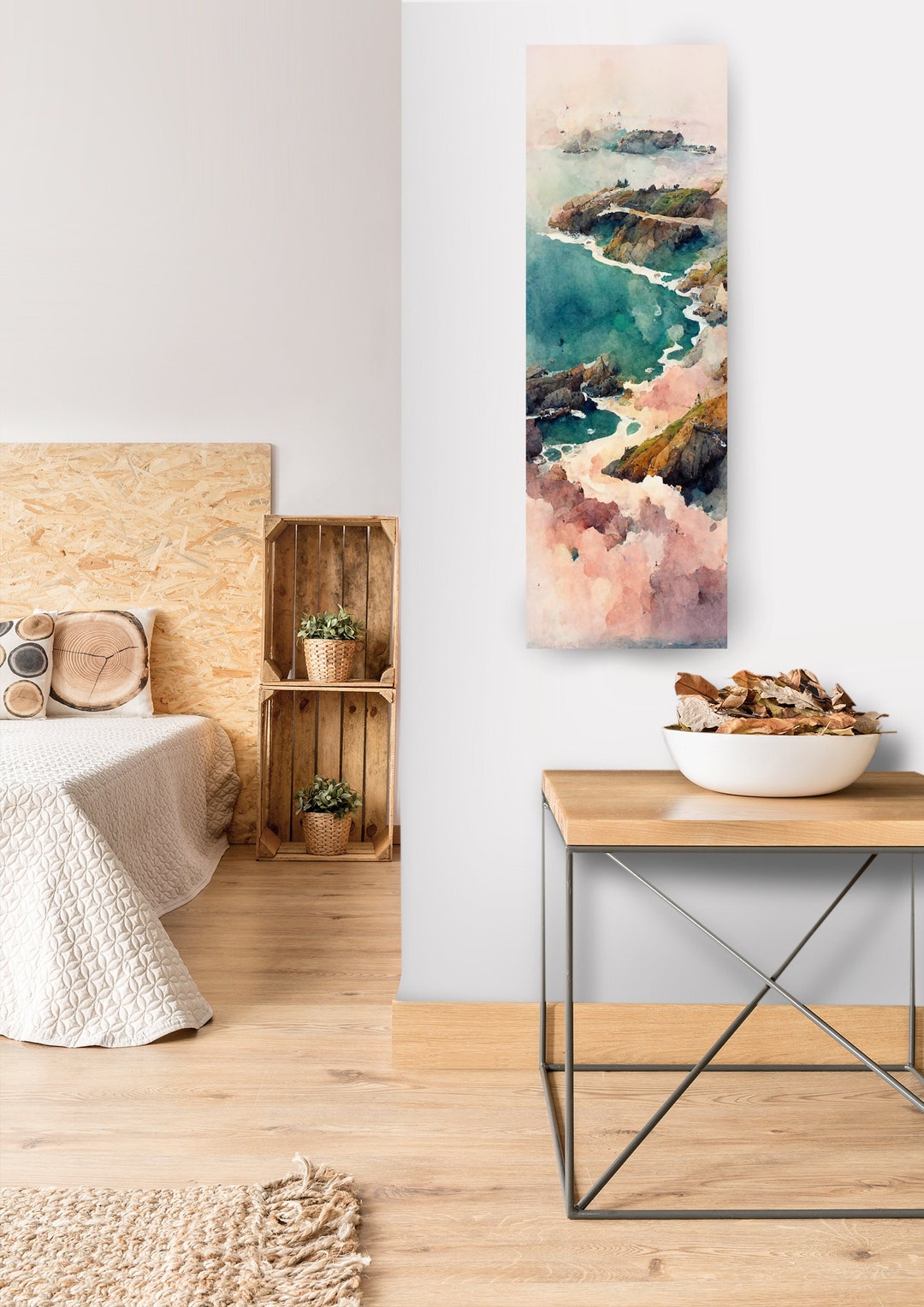 Tall Wall Art Set of 2, coastline, 30x90 Art, Abstract Art, Watercolor