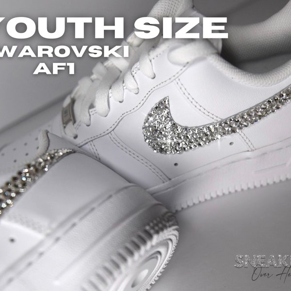 Custom Air Force 1 YOUTH SIZE Swarovski Crystal Embellished with Rhinestone Swoosh | Bedazzle Air Forces Youth | Sneakers Over Heels