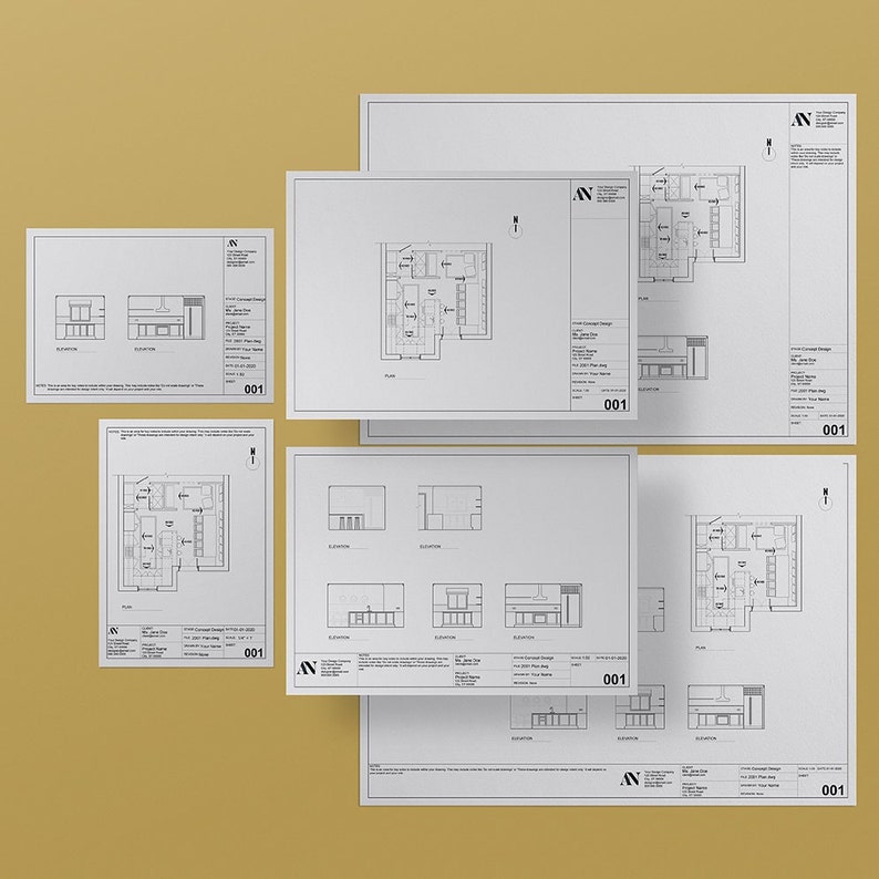 Puede incluir: Planos arquitect&oacute;nicos en blanco y negro para el dise&ntilde;o de una cocina. Los planos incluyen un plano de planta, elevaciones y una vista en secci&oacute;n. Los planos est&aacute;n etiquetados con el nombre del proyecto, la fecha y la escala.