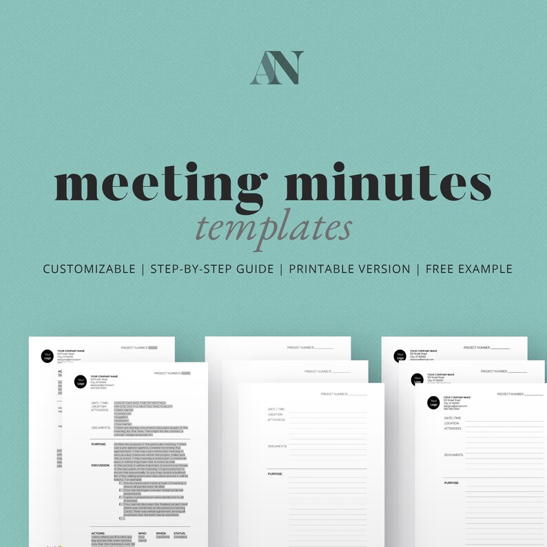 Puede incluir: Un conjunto de cuatro plantillas de actas de reuni&oacute;n con el texto "meeting minutes templates" y "CUSTOMIZABLE | STEP-BY-STEP GUIDE | PRINTABLE VERSION | FREE EXAMPLE" en la parte superior de la p&aacute;gina.