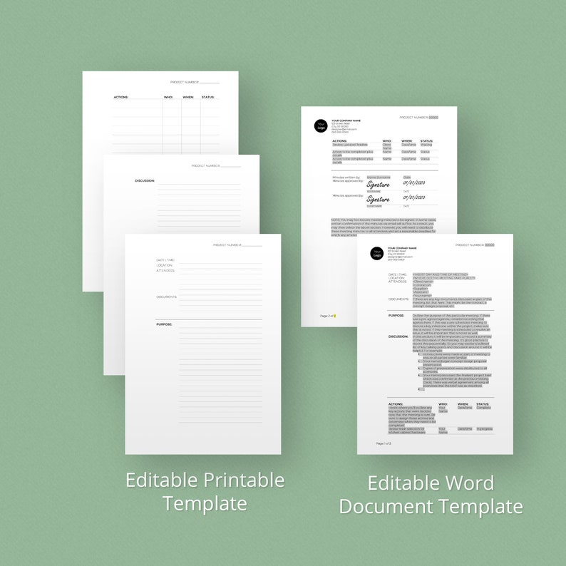 Puede incluir: Plantilla de gesti&oacute;n de proyectos editable e imprimible con secciones para acciones, programaci&oacute;n y estado. Tambi&eacute;n incluye secciones para entregas, objetivos y prop&oacute;sito. Plantilla de documento de Word editable con secciones para detalles del proyecto, planificaci&oacute;n, entregas, objetivos y acciones. Ambas plantillas incluyen un espacio para una firma y una fecha.