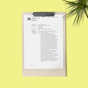 Puede incluir: Un documento en blanco y negro con el t&iacute;tulo "Audrey Noakes Design" y el n&uacute;mero de proyecto "2020-01". El documento describe la agenda de una reuni&oacute;n para una propuesta de dise&ntilde;o conceptual para un cliente. El documento incluye la fecha, la hora, la ubicaci&oacute;n, los asistentes y los documentos de la reuni&oacute;n. El documento tambi&eacute;n incluye una secci&oacute;n sobre el prop&oacute;sito y la discusi&oacute;n.