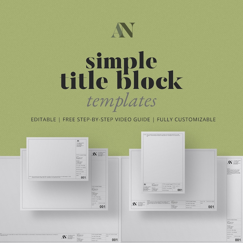 Simple Interior Design Title Block Templates A2 / A3 / A4 8.5x11 / 11x17 / 18x24 / 24x36 Sizes image 1