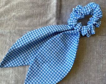 Blue Gingham Hair Scrunchie with tails