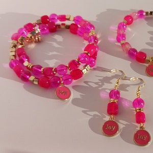 Joyful Pink Coil Bracelet and Earring Set Pink Glass and Gemstones