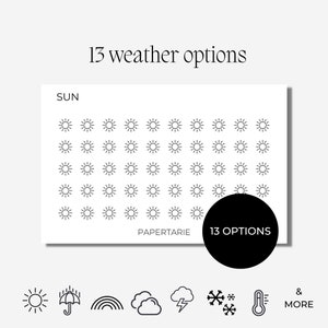 Könnte beinhalten: Eine weiße Karte mit dem Text "13 weather options" und "SUN" über einem Raster von Sonnensymbolen. Ein schwarzer Kreis mit "13 OPTIONS" befindet sich auf der rechten Seite. Darunter befinden sich Wettersymbole: Sonne, Regenschirm, Regenbogen, Wolke, Blitz, Schneeflocken, Thermometer und "& MORE".