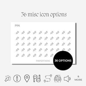 Op de afbeelding: Een vel met 36 zwart-witte stickers met punaise-iconen. De stickers zijn gerangschikt in een rasterpatroon. De tekst "PIN" en "PAPERTARIE" staan bovenaan het vel. De tekst "36 OPTIONS" staat in een zwarte cirkel rechtsonder op het vel.