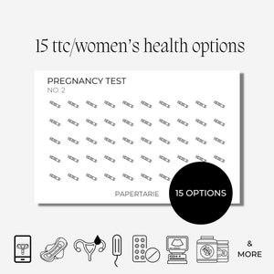 Puede incluir: Una hoja de 15 pegatinas de prueba de embarazo. Las pegatinas son dibujos en blanco y negro de pruebas de embarazo. La hoja está etiquetada como "Prueba de embarazo No. 2" y "15 opciones".
