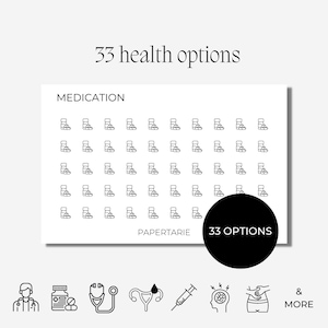 Puede incluir: Una tarjeta blanca con el texto "33 health options" y "MEDICATION" encima de filas de iconos de pastillas. Un círculo negro con "33 OPTIONS" está a la derecha. Debajo hay iconos relacionados con la salud, incluyendo un médico, pastillas y un estetoscopio.