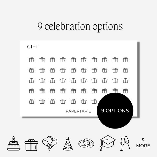 Celebration Icon Stickers | Micro Icons | Mini Icon Stickers | 9 Options | Transparent Matte | Minimal | Hobonichi | Planner Stickers