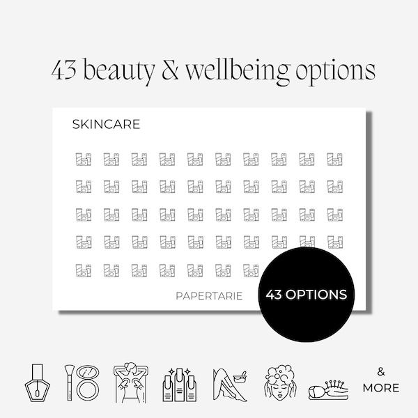 Beauty & Wellbeing Icon Stickers | Micro Icons | Mini Icons | 43 Options | Transparent Matte | Minimal | Two Sizes | Hobonichi