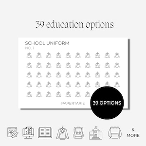 May include: A white card with the text "39 education options" and "School Uniform No. 1." The card features a grid of small school uniform illustrations. A black circle with "39 OPTIONS" is on the right. The word "PAPERTARIE" is at the bottom.