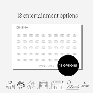 Op de afbeelding: Een vel met 18 zwart-witte bioscoopgebouw stickers. Het vel is wit met de tekst "CINEMA" en "PAPERTERIE" in zwart. Er is een zwarte cirkel met de tekst "18 OPTIONS" in wit. Onder het vel zijn vijf zwart-witte pictogrammen: een hart op een stoel, een filmcamera, twee bioscoopkaartjes, een podium met luidsprekers en een bioscoopgebouw.