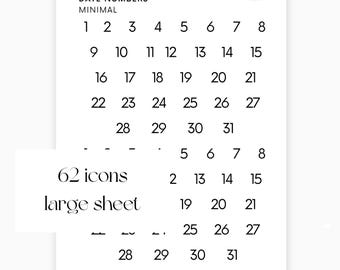May include: A minimalist white sheet with black numbers for a calendar. The sheet includes numbers from 1 to 31, with the text "DATE NUMBERS MINIMAL" at the top. The sheet also includes the text "62 icons" and "large sheet".